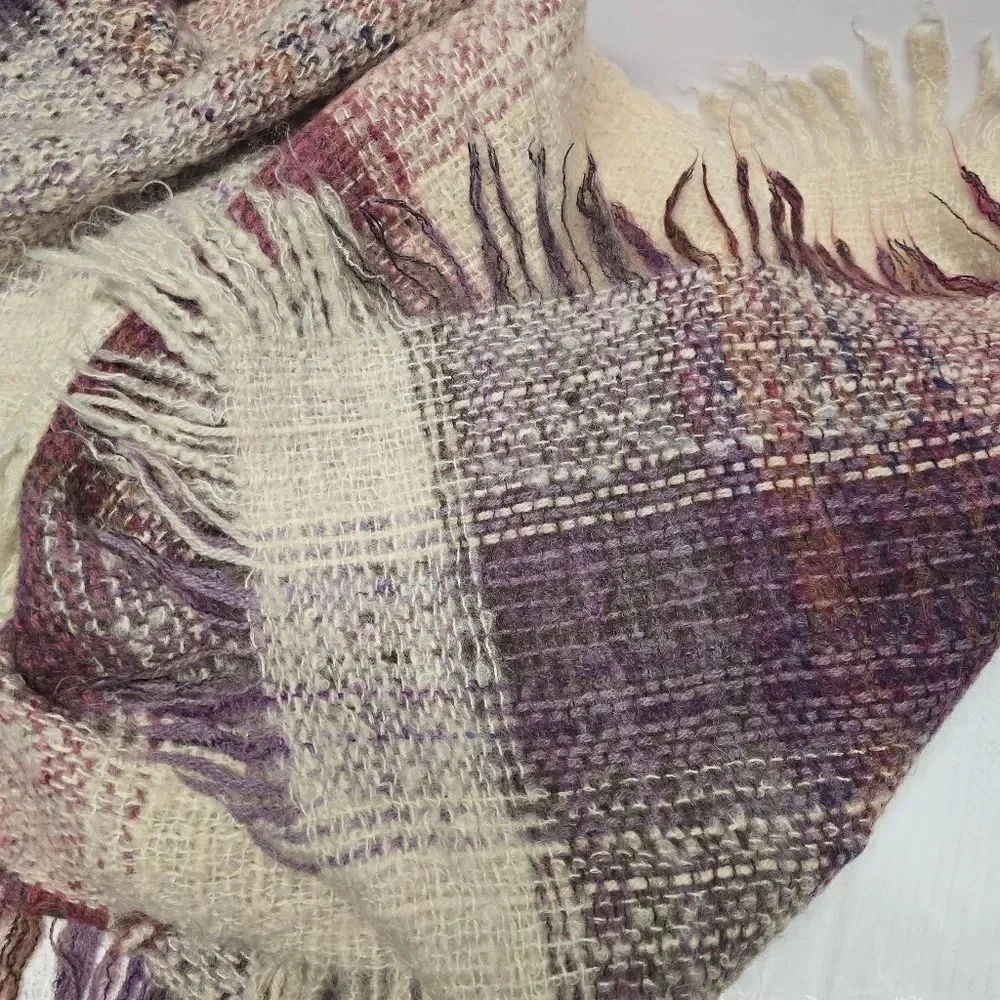 Vintage Avoca Handweavers Wool Fringed Plaid Throw Blanket Shawl Ireland Purple